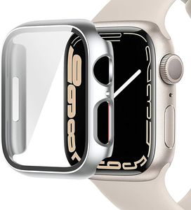 Hülle für Apple Watch Series 7 Schutzhülle Case 41mm Display Schutzglas 9H Silber