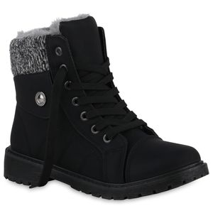 VAN HILL Damen Warm Gefütterte Worker Boots Bequeme Profil-Sohle Schuhe 840853, Farbe: Schwarz, Größe: 38