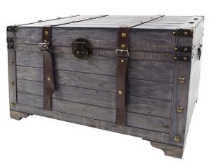 Truhla Kobolo KUBA v designu truhly na poklady z šedého dřeva s kovovými a koženkovými aplikacemi 80x45x50 cm