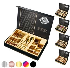 [Besteckset 24 tlg. [Gift Box Gold] glänzendes Edelstahlbesteck für. 6 Personen Messer, Gabel, Löffel Cutlery Set mit Geschenkbox