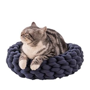 Kočičí pelíšek Omyvatelný polyesterový pletený pelíšek - místo na spaní pro kočky a malé psy, polštář pro kočky, kulatý pelíšek v rozměru 50x50 cm, námořnická modrá