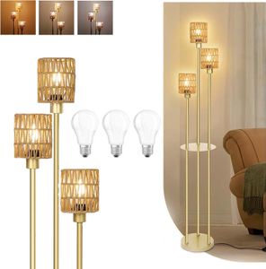 40W Rattan Stehlampe 3 kopf mit 3 Glühbirne，LED Stehleuchte Boho mit Fußschalter & Regal，3-Farben LED Leselampe Dimmbar，Höhe 165cm，Gold