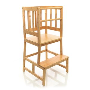 Toboli detská stolička učiaca sa veža 46 x 46 x 90 cm z bambusu, učiaca sa stolička pre deti so zábradlím, stojaca veža s ochrannou tyčou