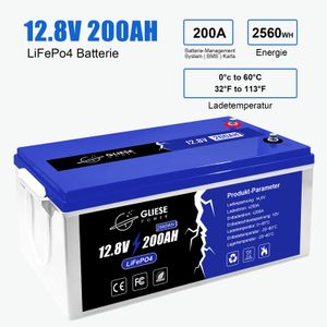 Solarbatterie 12V 200Ah Lithium Batterie,Max. 2560W Lastleistung mit BMS,4000-15000 Zyklen und 10 Jahre Batterielebensdauer, Perfekt für Wohnmobil, Camping