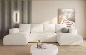 Easy4You Lambi Creme Ecksofa U-Form 338 x 89 x 164 cm mit Schlaffunktion und Stauraum - Schlafsofa mit Bettkasten - Moderne Wohnzimmermöbel – Stoff: Boucle 08