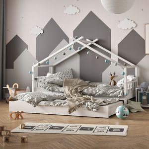 Vitalispa Domečková postel Design, 90x200 cm s lůžkem pro hosty a 2 matracemi, Bílá