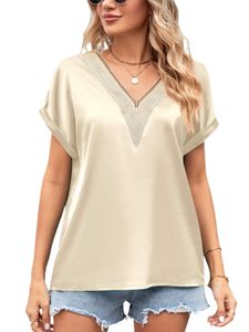 Damen Blusen V-Ausschnitt T-Shirt Bohemian Baggy Tunika Sommershirt Lässig Oberteile Champagner,Größe L