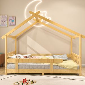 Flieks Dětská postel Krásná postel s ochranou proti pádu do dětského a dospívajícího pokoje, 90x200 cm, dřevěná postel pro děti, přírodní povrchová úprava