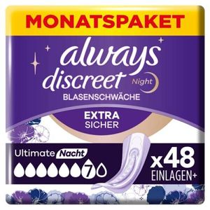 Inkontinenčné vložky Always Discreet Ultimate night mesačné balenie pre slabý močový mechúr, 48 vložiek (4 balenia x 12 kusov)