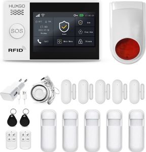 HUXGO HXA007 WLAN + GSM Funk Alarmanlage mit 5 Bewegungssensor und zweiter Funksirene Wohnung Garage Steuerung über das Handy TUYA Smart Anwendung SMS-Benachrichtigungen Sprache DEUTSCH