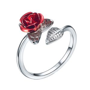 Damen-Reif, rote Rose, Blattform, verstellbar, für den Valentinstag-Silber