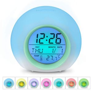 Kids Alarm Clock, Kinderwecker 7 Farben ändern Lichtwecker für Jungen Mädchen, Schlummerfunktion, 8 Klingeltöne, 12/24 Stunden, One-Tap-Control, Innentemperaturanzeige