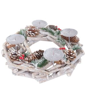 Tischkranz rund, Weihnachtsdeko Adventskranz, Holz Ø 35cm weiß-grau  ohne Kerzen