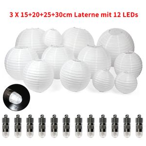 12 Stück Weiß Papier Laterne Papier Lampions outdoor Papierlaterne Lampenschirm 3 X 15 20 25 30cm (mit 12 LEDs) Hochtzeit Party Deko