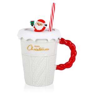 Weihnachten Kaffeetasse 400 ml Weihnachten Keramik Kaffeetasse Teetasse Milch Tasse mit Deckel und Strohhalm, Weiß, 1 Stück