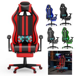 LZQ Massage Gaming Stuhl Bürostuhl Ergonomisch Schreibtischstuhl mit verstellbare Lendenkissen, Fußstütze und Kopfkissen 130 kg Belastbarkeit, Rot