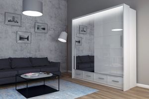 Kleiderschrank mit Schubladen, weiße Schrank mit Spiegel - Garderobe mit Hochglanz SIZILIEN (Große: 200 cm, Farbe: Weiß Hochglanz)