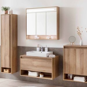 FACKELMANN Natura Badmöbel Set 2 Teile / Waschbeckenunterschrank mit Schublade / LED Spiegelschrank mit Beleuchtung und 3D-Effekt / Soft-Close-System / Korpus & Front: Braun / Breite: 94 cm FACKELMANN Natura Badmöbel Set 2 Teile / Waschbeckenunterschrank mit Schublade / LED Spiegelschrank mit Beleuchtung und 3D-Effekt / Soft-Close-System / Korpus & Front: Braun / Breite: 94 cm