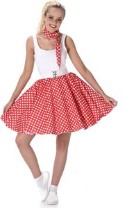 sukně v rockabilly stylu 50. let s červeným a bílým šátkem na krk
