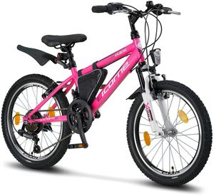 Licorne Bike Guide Premium Mountainbike in 20, 24 und 26 Zoll - Fahrrad für Mädchen, Jungen, Herren und Damen - Shimano 21 Gang-Schaltung, Kinderfahrrad, Kinder, Farbe:Rosa/Weiß, Zoll:20