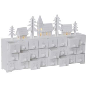 Adventskalender 'Yuletide' | Holz | weiß | mit Beleuchtung | 4 LEDs warmweiß | Größe ca. 37 x 21 cm | 24 Schubladen | zum selberfüllen | Weihnachtskalender