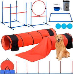 Výcvikové zariadenie VEVOR na agility s nastaviteľnými vysokými prekážkami, 6 slalomovými tyčami, 2 tunelmi, skokanským kruhom, boxom na prerušenie, 3 frisbee, píšťalkou, skladacou miskou, prekážkovou súpravou pre šteňatá s 3 vrecami