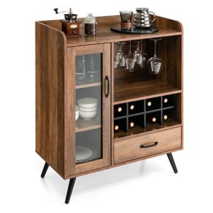 COSTWAY Vintage Weinschrank mit Weinregal und integrierten Glashaltern, Barschrank Holz, Sideboard mit Schublade & Glastür, 80 x 40 x 95 cm