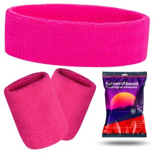 3 in 1 Schweißband pink Set mit Stirnband - als Accessoire Vokuhila Retro Kostüm neon 80er 90er Outfit Fasching & Karneval