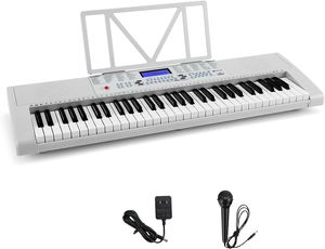 61 Tasten Keyboard, Digitales Klavier mit Mikrofon, E-Piano mit 3 Lehrmodi & Notenständer, Digital Piano für Kinder & Anfänger (Weiß)