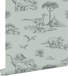 ESTAhome Tapeta dinosauři šedá mořská zelená - 139556 - 0,53 x 10,05 m