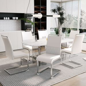 okwish Moderner Esszimmerstuhl, 6er-Set, Küchenstuhl, Bürostuhl mit flacher Streifen-Rückenlehne, gepolsterter Stuhl, multifunktional, hochwertiges Kunstleder, Leinen, Weiß