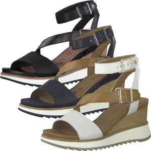 Tamaris Damen Sommer Sandaletten mit Keilabsatz und verstellbare Lederriemen mit silbernen Schnallen Farbe: Dunkelblau Größe: 40 EU