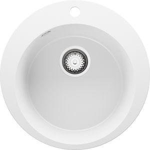 Rundes Spülbecken Weiß 50x50 cm, Granitspüle + Ablauf-Set, Küchenspüle für 45er Unterschrank, Einbauspüle von Primagran