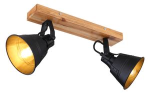 Globo Lighting Strahler Holz braun, goldfarben patiniert, Metall schwarz matt, Holz in Eiche-Optik, LxH: 380x240mm, exkl. 2x E27 60W 230V