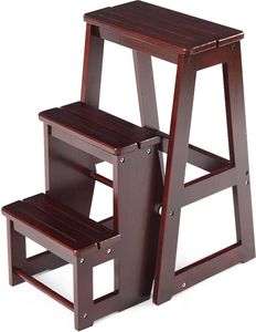 dreistufiger Tritthocker Klappstufen, Trittleiter aus Holz, Treppenstuhl klappbar, Leiterstuhl Hockerleiter Klapphocker, Faltstuhl Trittstuhl Haushaltstritt mit 3 Stufen (Braun)