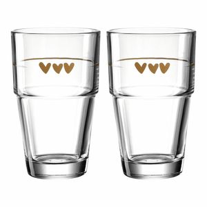 Leonardo Solo Latte-Macchiato Gläser 2er Set, Glas-Becher mit Herzen Aufdruck, spülmaschinengeeignete Kaffee und Cappuccino Gläser, braunem Herzchen Moti,v 410 ml, 043476