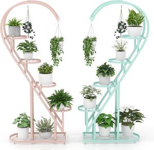 GOPLUS 5-stufiger Metall-Pflanzenständer in Herzform, Pflanzenregal mit 4 Aufhängehaken, Blumenständer für den Innen- und Außenbereich (Rosa & Blau)