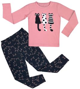 Mädchen Pyjama Set langarm Schlafanzug Hausanzug Baumwolle Katze Rosa 128-134 (8-9 Jahre)