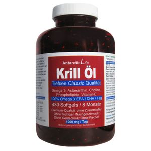Krillöl Kapseln OMEGA 3 ANTARKTIS 480 Softgels EPA + DHA + Astaxanthin + Antioxidantien & Vitamin E - AntarcticLife Tiefsee Classic
