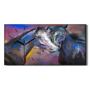 Wohnzimmer-Bild Leinwand Uhr 60x30 Pastellfarbenes Porträt von Pferden - schwarze Hände