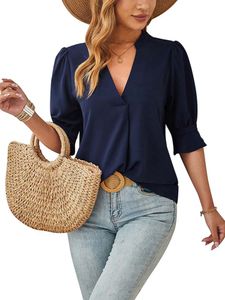 Damen Blusen V-Ausschnitte Tshirt Locker Tops Elegant Lässig Oberteile Sommer T-Shirt Dunkelblau,Größe XL