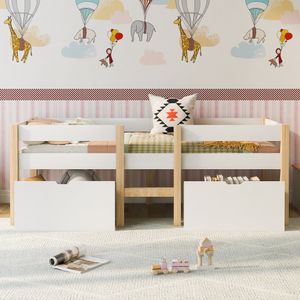 Postel Fortuna-Lai Dětská postel se 2 zásuvkami a ochranou proti vypadnutí, masivní borovice 90x200 cm-bílá a dubová