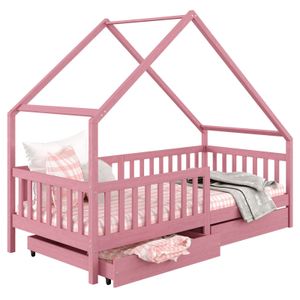 Hausbett ALVA Montessori aus massiver Kiefer, Kinderbett mit Dach, Tipibett mit Schubladen rosa