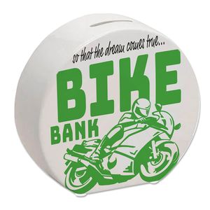 Bike Bank Spardose in grün zum Thema Motorradkauf und Motorrad fahren