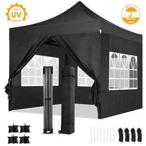 Pavillon 3x3m Wasserdicht, Gartenzelt Pop Up Faltpavillon mit 4 Seitenwänden, UV-Schutz 50+, inkl .Tasche, Schwarz