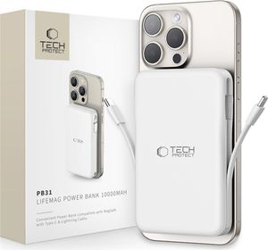 Powerbank Tech-Protect LifeMag PB31 z MagSafe 10000mAh 15W USB-C / USB-A / wbudowane kable USB-C / Lightning - biały