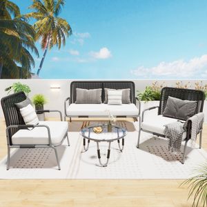 Flieks Rattan Gartenlounge Set 4-tlg, Balkonmöbel Set für 4 Personen, Gartensofa mit Gartentisch, Terassenmöbel Gartenloungemöbel mit Kissen, Grau