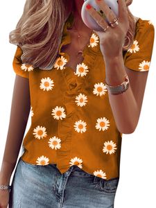 Damen T-Shirts Kurzarm Bluse V-Ausschnitt Einfarbig Hemd Rüschen Tunika Lässig Tops Gänseblümchen gelb,Größe:EU