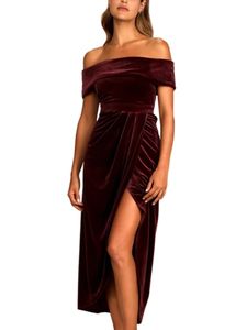 Damen Abendkleider Split Saum Kleid Sommer Kleider Wickelkleid Elegant Ballkleider Rotwein,Größe XL