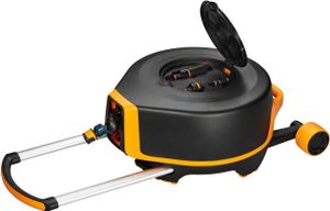 Fiskars Schlauchtrommel »Schlauchtrommel Wasser mit Rädern, Bewässerungs-Set, 27m Reichweite«, (1/2 Zoll Schlauchwagen, Wasser All in One Set, Schlauchwagen Garten Bewässerungsschlauch mit Universal-Hahnverbinder), Wasserschlauch Garten mit automatischen Aufrollen, Gartenschlauch
